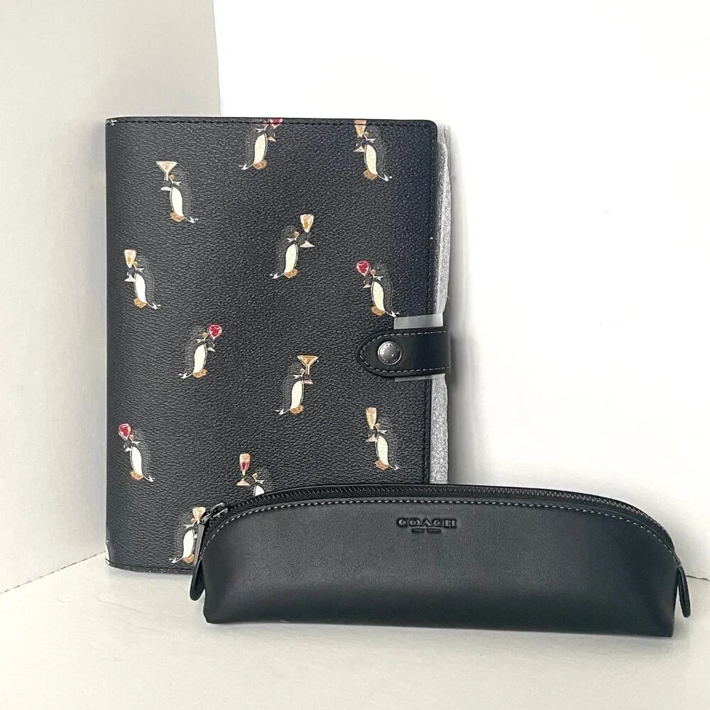 Coach CCP98 Boxed Notebook & Pencil Case Black Signature Canvas Penguin Leather